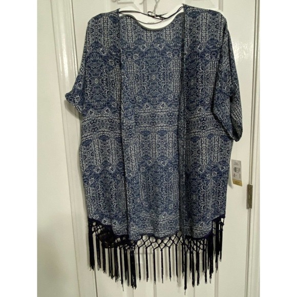 Kimono Swim Cover Up Large Blue Fringe Retail $59 NEW - Picture 1 of 7